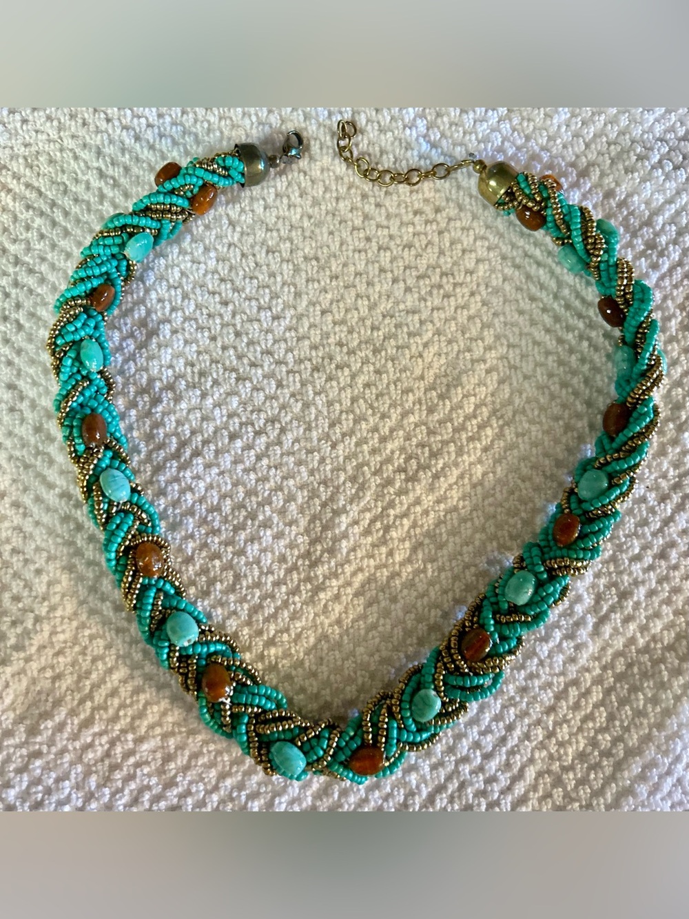 Braided Turquoise Bead Necklace with Gold Accents